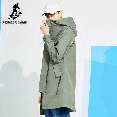 Pioneer Camp Spring Solid Hooded Long Jacket Coat Men Brand Clothing Casual Fashion Outerwear Windbreaker Male Coat