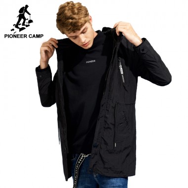 Pioneer Camp New Arrival Black Long Jacket Men Brand Clothing Fashion Black 100% Nylon Coat Male Quality Outerwear AJK705297