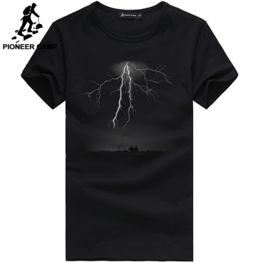 Pioneer Camp Lightning Printed T-Shirt Men Black T Shirt Mens Fashion Men T Shirts Casual Brand Clothing Cotton 3D Tshirt 405043