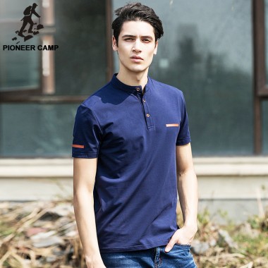 Pioneer Camp 2017 New Summer Mens T Shirts Dark Blue Mandarin Collar T Shirt Men Casual Short Sleeve T-Shirts Fitness 620028