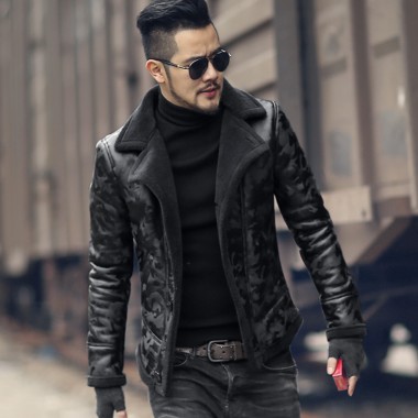 Black Men Winter Warm Camouflage Fur Lamb Woolen Casual Jacket Men Fur Collar Plush Faux Leather Jacket Coat European Style 2017