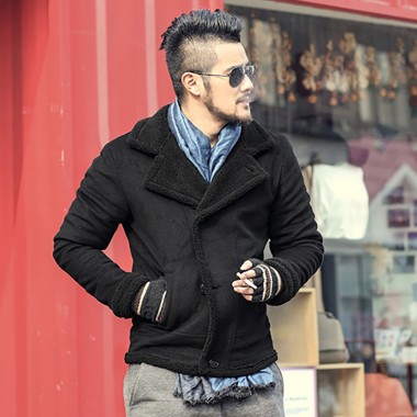 Mens Short Double Breasted Jacket Coat Casual Thick Wool Lining Outwear Winter Jacket Men Windproof Faux Leather Jackets Coats