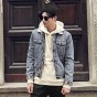 2018 Men New Plush Inside Denim Blue Jacket Collar Men Cotton Slim Fashion Autumn Winter Thick Pocket Jacket Brand Clothing