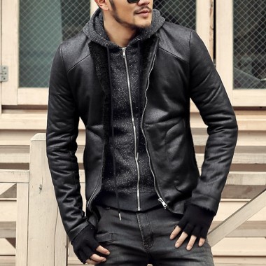 Fashion Black Winter Mens Short Coat Wool Fur Lining Slim Fit PU Leather Jackets Men Brand Motorcycle Leather Jackets Men Coats