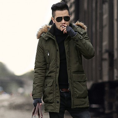 2018 Winter Green Woolen Fur Collar Mens Hooded Long Coat Jacket Cotton Men Windbreaker Stretch Zipper Button Warm Pockets Coat