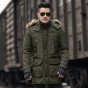 2018 Winter Green Woolen Fur Collar Mens Hooded Long Coat Jacket Cotton Men Windbreaker Stretch Zipper Button Warm Pockets Coat