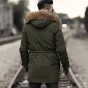 2018 Winter Green Woolen Fur Collar Mens Hooded Long Coat Jacket Cotton Men Windbreaker Stretch Zipper Button Warm Pockets Coat