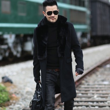 2017 Men New Winter Black Woolen Fur Collar Long Coat European Style Metrosexual Man Brand Design Warm Stretch Outwear Slim Coat