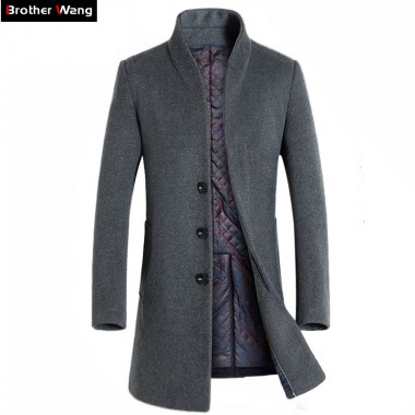 Brother Wang Brand 2017 Winter New Men Long Section Woolen Coat Fashion Business Casual Mens Overcoat Thicker Warm Trench Coat