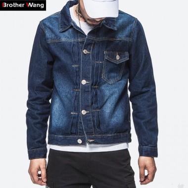 Brother Wang 2017 New Mens Denim Jacket Fashion Casual Simple Solid Color Slim Cowboy Jacket Brand Clothes 5XL