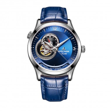 Reef Tiger/RT Designer Casual Watches Blue Dial Stainless Steel Watches Automatic Watches Genuine Leather Strap RGA1693