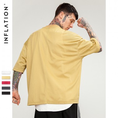 INFLATION Oversized Mesh Short Sleeve T-Shirt Solid Pure Colour Hip Hop High Street Rock Style Summer Top Tees Plus Size 8178S