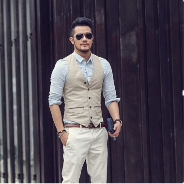 New Mens Slim Vest Suit Single Row Button Casual Linen Vest Waistcoats Mens Brand Sleeveless Jacket British Spring Suit Vest