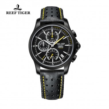 Reef Tiger/RT Mens Sport Quartz Watches with Chronograph and Date Black Steel Casual Stop Watch with Super Luminous RGA1663-BBLG