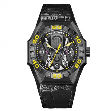 Reef Tiger Limited Watch Men Automatic Mechanical All Black Skeleton Waterproof Leather Strap RGA6912-BBGL