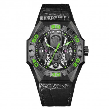 Reef Tiger Limited Watch Men Automatic Mechanical All Black Skeleton Waterproof Leather Strap RGA6912-BBNL