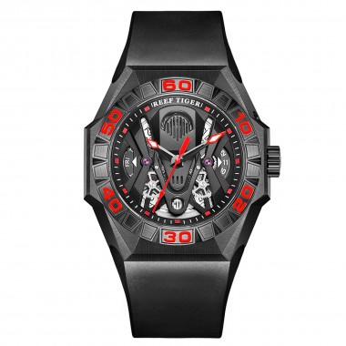 Reef Tiger Limited Watch Men Automatic Mechanical All Black Red Skeleton Waterproof Rubber Strap RGA6912-BBRR