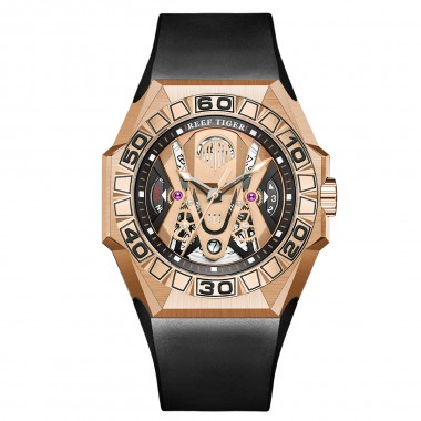 Reef Tiger Men Sport Watches Automatic Mechanical Skeleton Watch Rose Gold Waterproof Rubber Strap RGA6912-PPBR