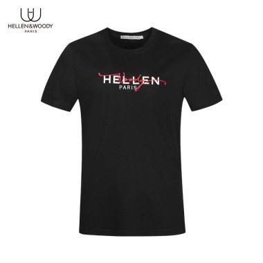 HELLEN&WOODY Men's Fashion French Luxury Men's Casual Short Sleeve Letter Embroidery Print Pattern Slim Crew-Neck T-shirt