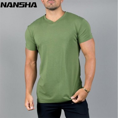 NANSHA Mens Gyms Fitness Workout T-shirts Breathable Cotton Crossfit Brand Clothing Slim Fit Fashion Casual Short Sleeves Tees