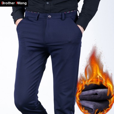 Brother Wang Brand 2018 Winter New Men's Warm Casual Pants Fashion Business Slim Elastic Fleece Thick Pants Plus Size 44 46