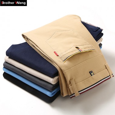 Brother Wang Brand 2018 New Men's Slim Cotton Casual Pants Fashion Business Work Elastic Male Trousers black Khaki sky blue 986