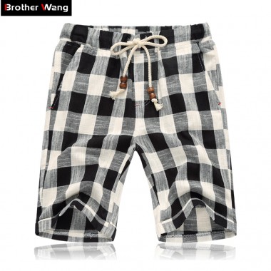 Brother Wang Casual Shorts Summer new fashion lattice Linen Bermuda Shorts Elastic waist shorts 4XL 5XL