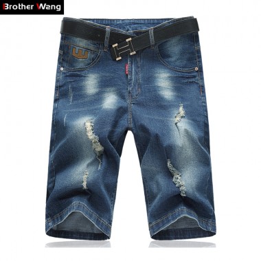 Brother Wang 2018 Summer New Hole Denim Shorts Male Fashion and Leisure Elasticity Large Size Brand Jeans 32-48