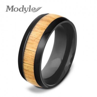 Modyle Genuine Mahogany Wood Inlay Stainless Steel Ring Wooding Ring Wooden Wedding Rings for Men