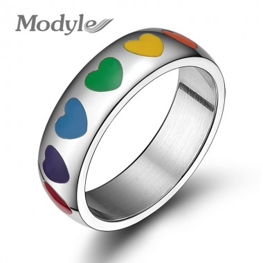 Modyle High quality stainless steel heart shape colorful Rainbow rings for Men for Women never fade gay ring Final Sale price