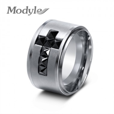 Modyle New Black Cubic Zirconia Big Cross Jewelry Silver Color Punk Rock Stainless Steel Finger Ring for Men