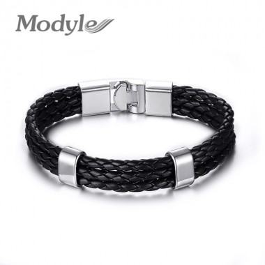 Modyle 2018 New Handmade Pulseras Cuero Genuine Black Male PU Leather Bracelets Bangles for Men Friendship Jewelry