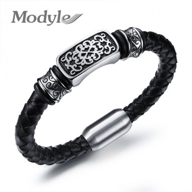 Modyle Handmade Leather Knitted Bangles For Man Rock Style Stainless Steel Decoration Men Jewelry Best Gift For Friends