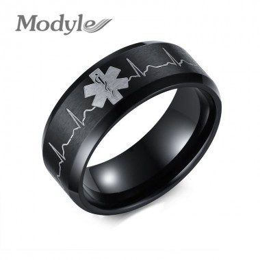 Modyle  Medical Identification Rings for Women Men Jewelry Black 8MM Wide Stainless Steel Ring