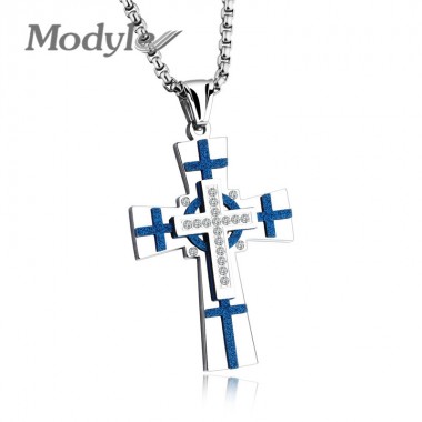 Modyle 2018 New Men Blue and Silve Color Rhinestone Cross Pendant Necklace with 55cm Stainless Steel Link Chain Necklaces