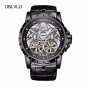 2018 New OBLVLO Mens All Black Watches with Tourbillon Power Reserve Transparent Automatic Watches Leather Strap OBL3609