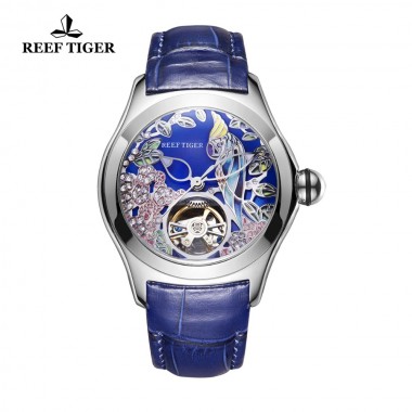 Reef Tiger Top Brand Luxury Women Watches Blue Leather Strap Analog Mechanical Watches Steel Sport Watches RGA7105