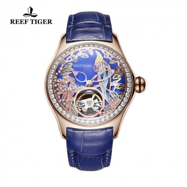 Reef Tiger/RT Blue Dial Fashion Watches for Women Leather Strap Waterproof Automatic Watches Diamond Tourbillon Watch RGA7105