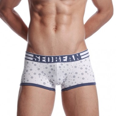 SEOBEAN Men's snowflake print boxer underwear Cotton low-waist sexy slim shorts Blue White