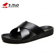 Z.SUO Leather Men Slippers Sandals 2018 Fashion Summer Cross Strap Beach Shoes Flats Slides Flip Flops Male Footwear ZS19603