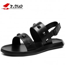 Z. Suo Men's Leather Sandals 2018 Summer Leisure Fashion Beach Shoes Retro Rome Rivet Flat Slippers Slide Male Footwear 19607